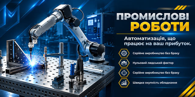 Роботизированная сварочная система на сварочном 3D-столе с оснасткой и зажимами.